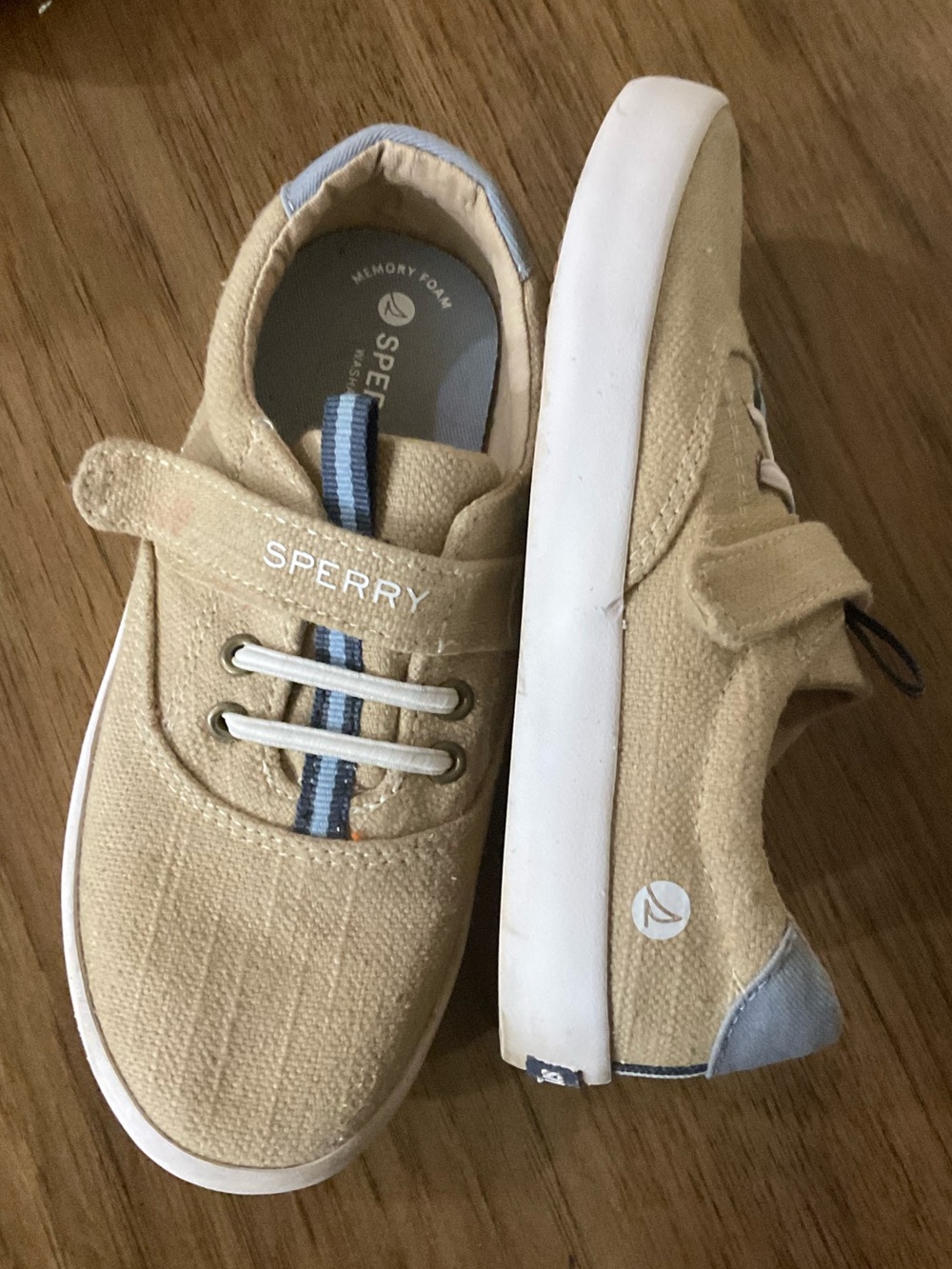 Sperry Kids Tan Canvas Slip-On Sneakers with Blue Trim Sz 12 M